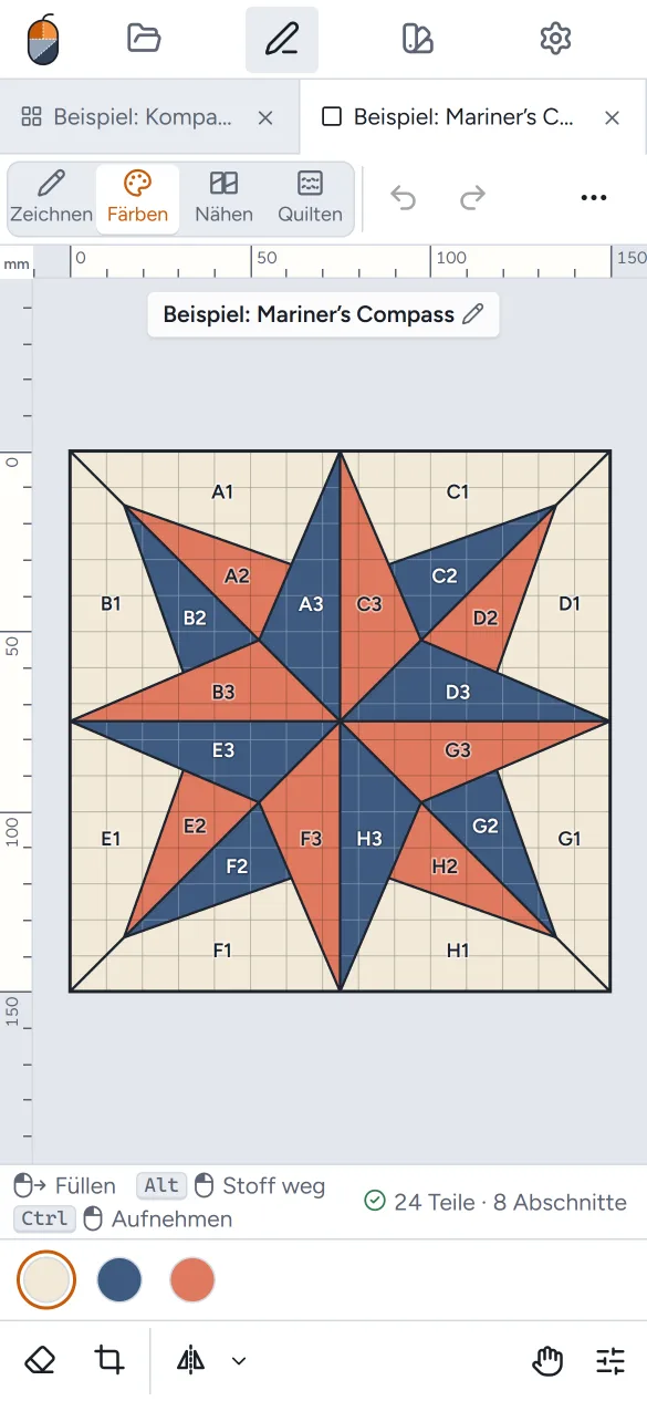 Der Block-Editor auf einem Handy beim Einfärben des Mariner’s Compass.