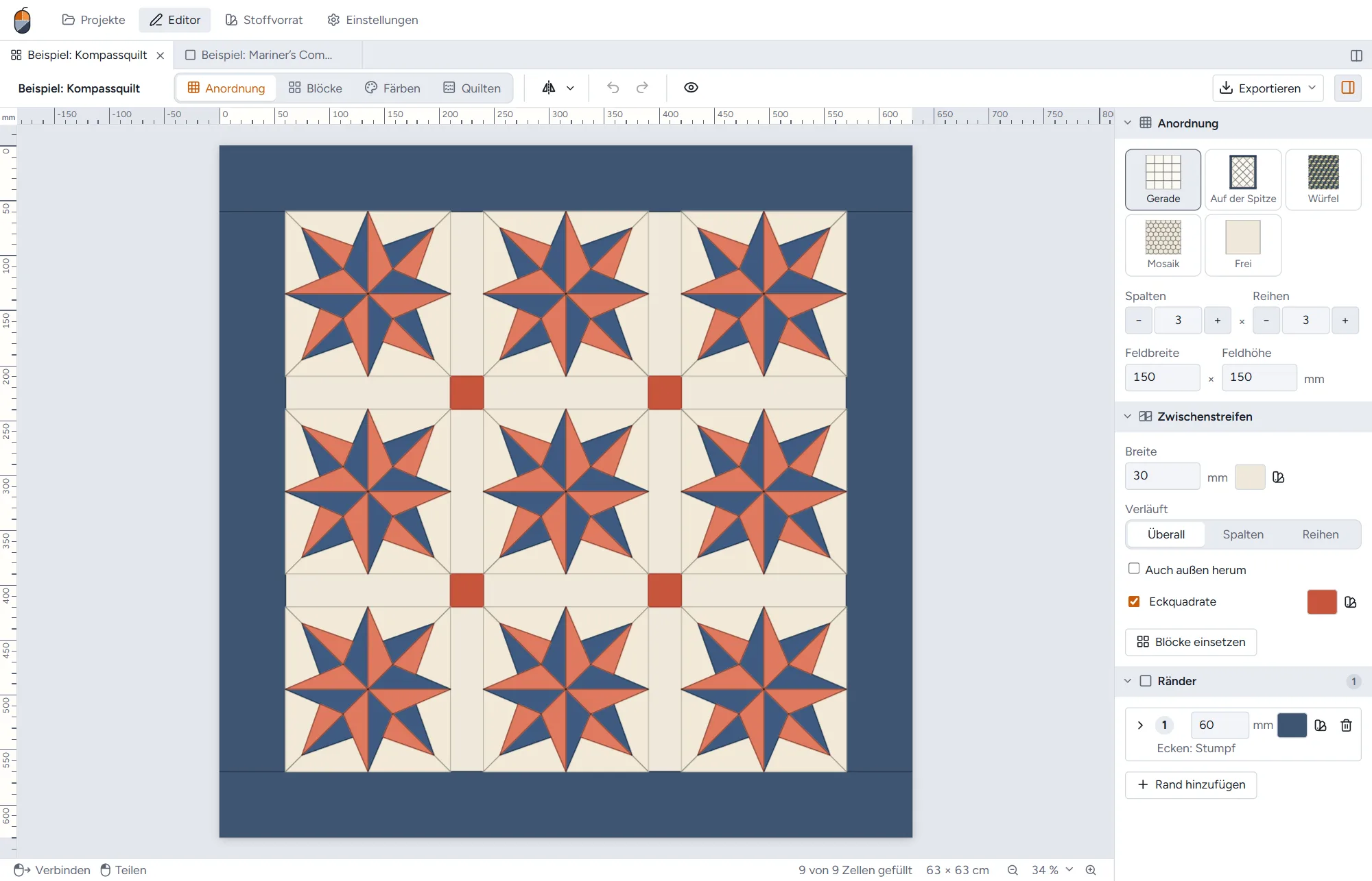 Ein Quilt aus neun Mariner’s-Compass-Blöcken mit cremefarbenem Sashing, Eckquadraten in Koralle und marineblauem Rand, daneben die Layout-Einstellungen.