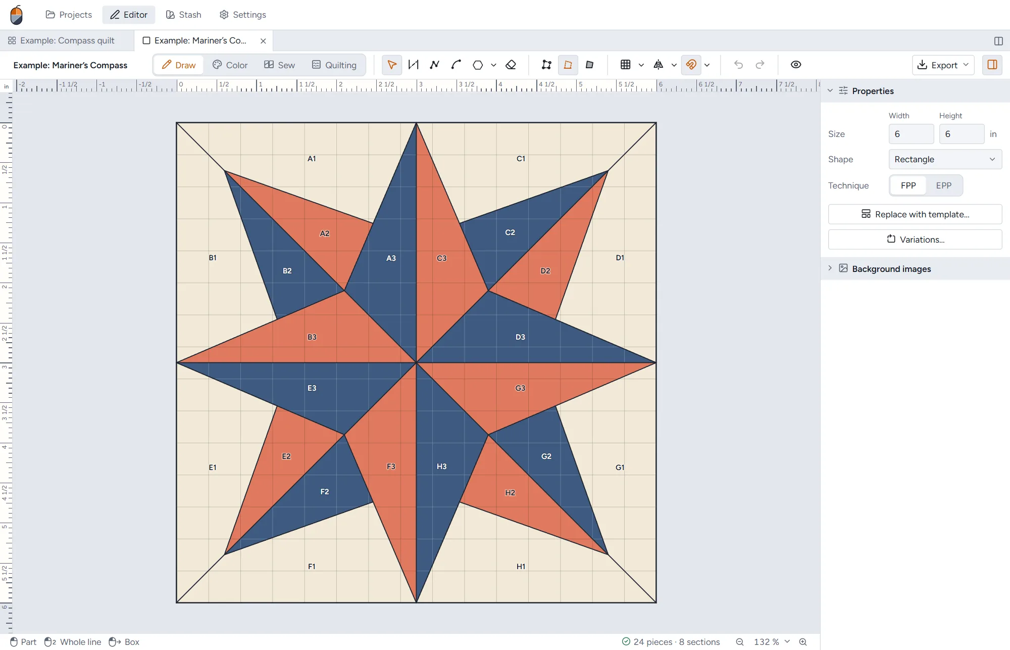 Drawing a block: the seams of a Mariner’s Compass with its pieces numbered A1 to H3.