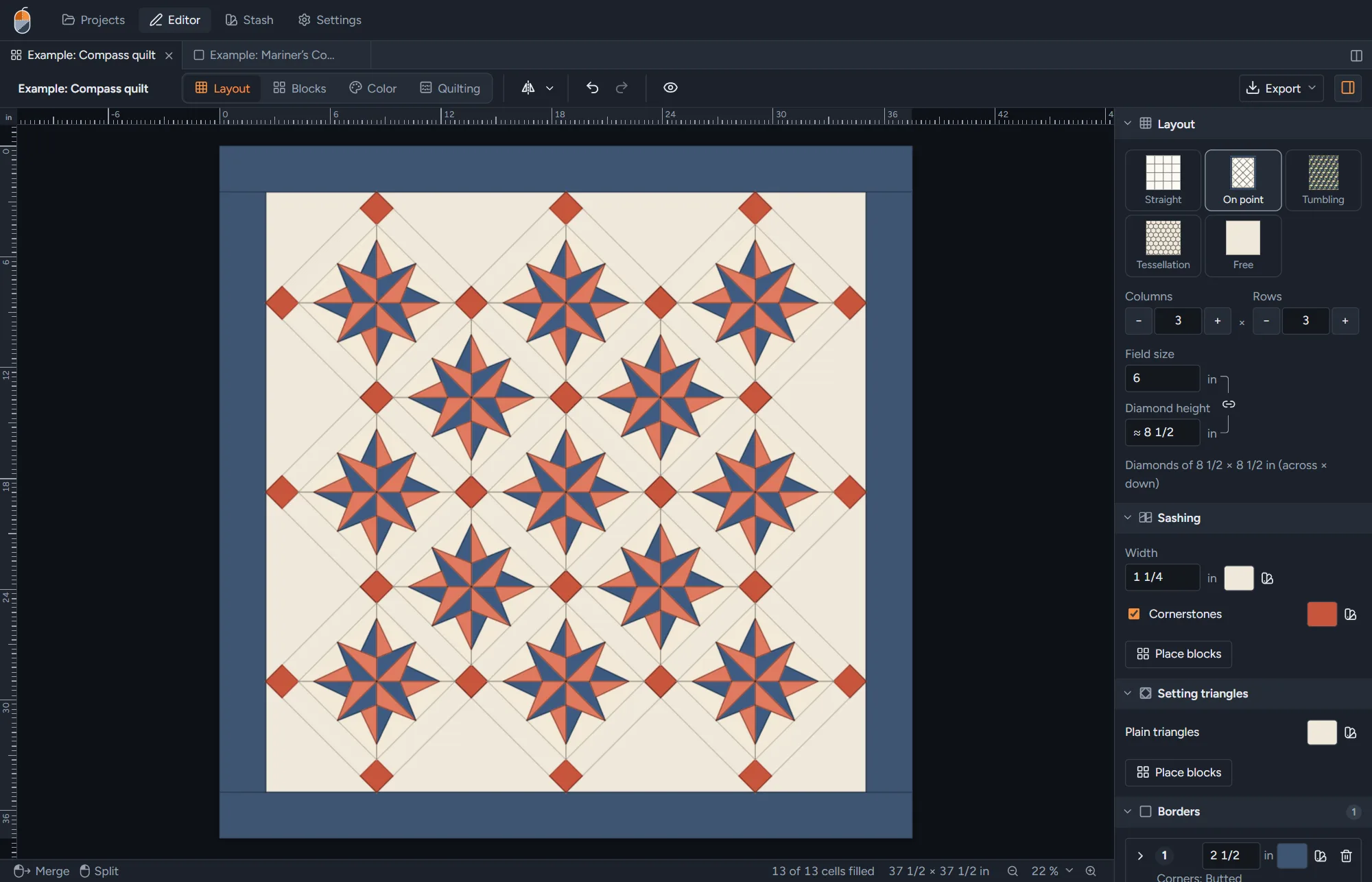 The same quilt set on point, with setting triangles and coral cornerstones.