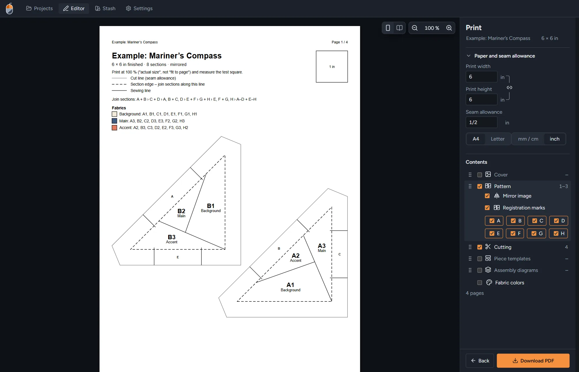 The print preview: foundation templates of sections A and B with seam allowance, and the print settings.