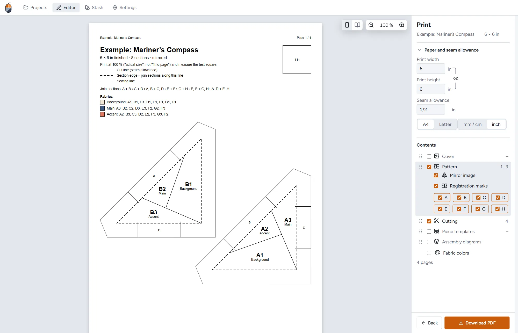 The print preview: foundation templates of sections A and B with seam allowance, and the print settings.