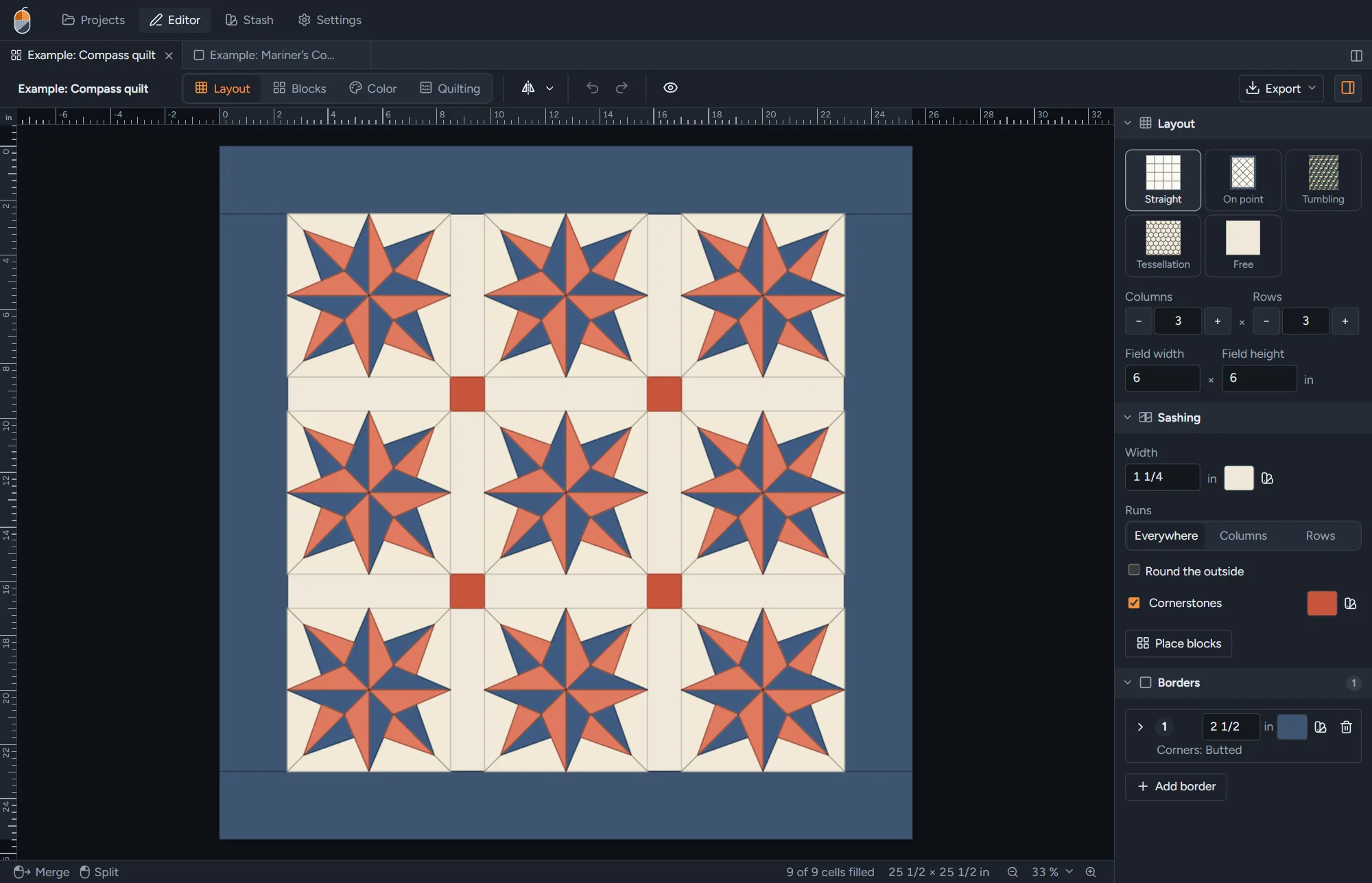 A quilt of nine Mariner’s Compass blocks with cream sashing, coral cornerstones and a navy border, with the layout settings beside it.