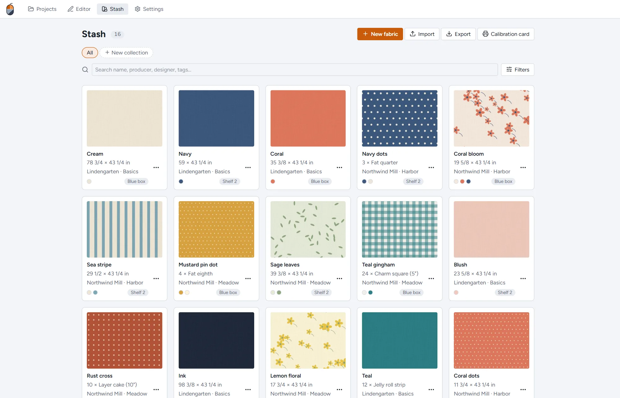 The stash: sixteen fabrics with photos, amounts, producer and storage place.